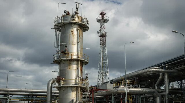 Medium shot of a gas scrubber tower and flare stack against a cloudy sky showcasing industrial safety systems designed for hazardous gas containment