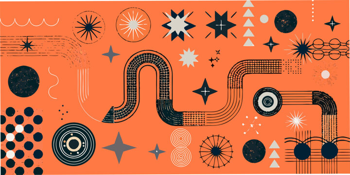 stars and geometric shapes on orange background