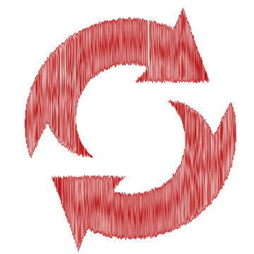 Red refresh icon with textured sketch effect on white background hand drawn circular rotation scribble artistic interface directional isolated
