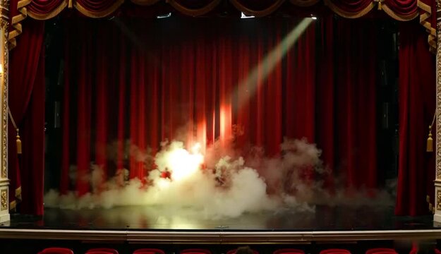 
Dramatic Theater Stage with Red Curtain Smoke and Spotlight Before Show   
