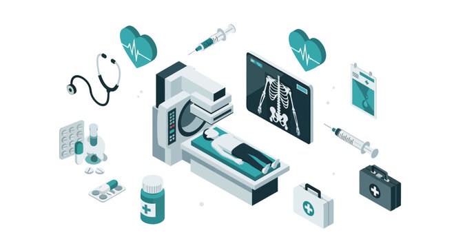 Medical Examination and Diagnostic Imaging Process in Isometric Vector Illustration Format