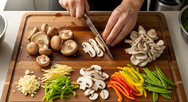 Fresh Ingredients Being Prepared For Cooking: Slicing Mushrooms, Peppers, Ginger, Garlic, Snow Peas