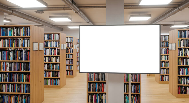 Blank horizontal billboard mockup in modern library, white empty screen for advertisement in bookstore, indoor digital signage template