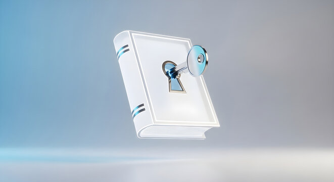 Minimalist white book with silver key in keyhole, conceptual 3D illustration of secret knowledge, locked diary representing data privacy and security