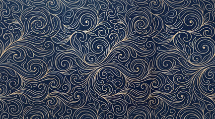 Intricate ornamental floral swirl pattern with white filigree lines on a dark blue background © Saharia