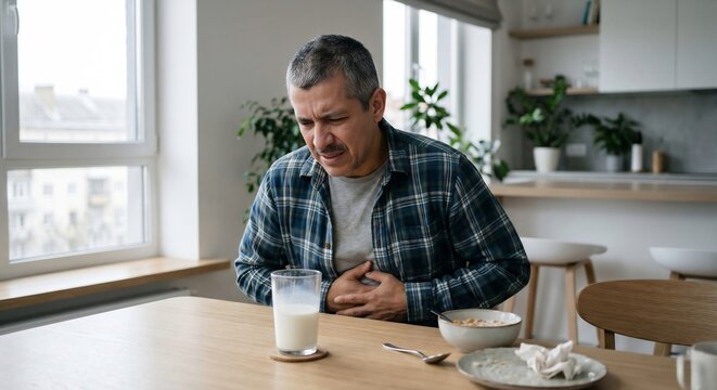 Man clutching stomach in pain at kitchen table