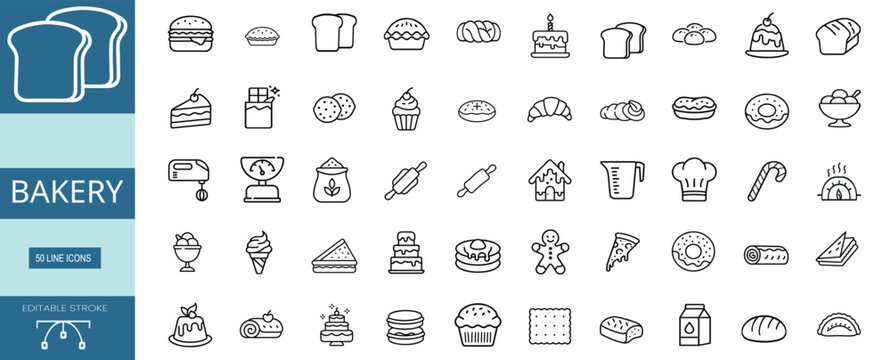 Bakery pastry dessert sweet food web line icons set birthday cake slice pancake donut chocolate cookie biscuit cupcake & more vector illustration with editable stroke