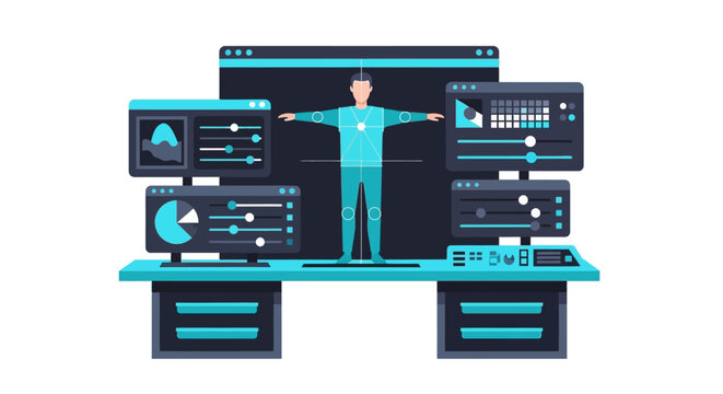 Digital Human Character Rigging and 3D Modeling Software Interface Illustration - Flat Vector Design for Game Development and Simulation Technology