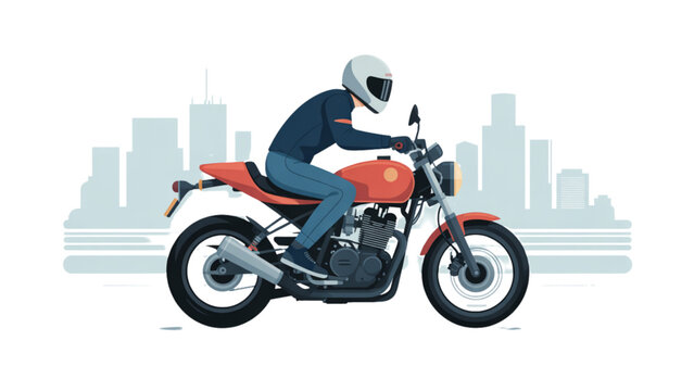 Person riding red motorcycle on city street with buildings in background