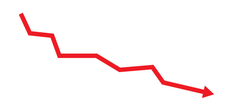 Red Downward Arrow Graph Representing Financial Loss, Economic Recession, Stock Market Crash, and Decreasing Business Profits on White Background