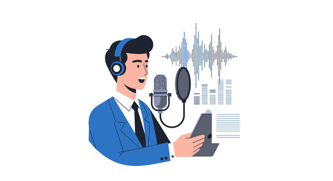 Male Podcaster or Radio Host Recording Audio in Studio Vector Illustration. Broadcaster Wearing Headphones Speaking into Professional Microphone with Sound Waves Background.