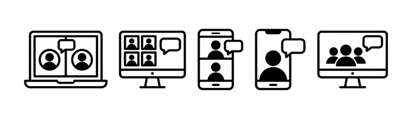 Fototapeta premium Video call icons on devices line style