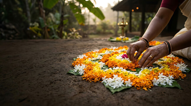Woman creating traditional flower rangoli during festival celebration