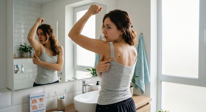 Woman examining mole on her back in bathroom mirror