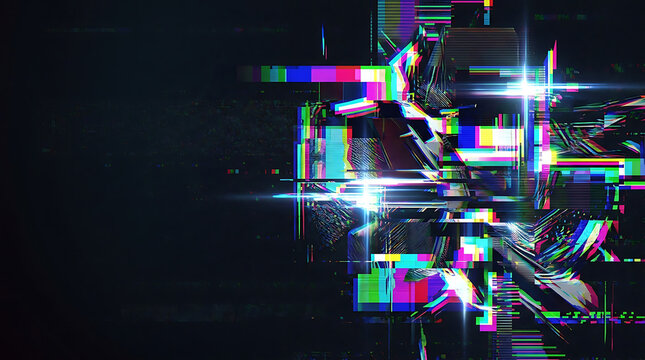 Vibrant digital glitch art with neon colors on black background