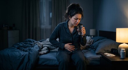Fototapeta premium Woman in Pajamas with Stomach Pain Sitting on Bed