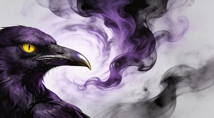 Obraz premium Mystical raven with swirling purple and black smoke background