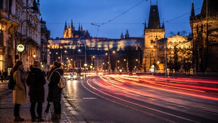 Obraz premium A long-exposure night view of Prague features historical architecture, the castle, and light trails from heavy road traffic