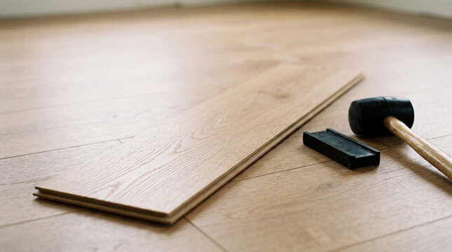 Modern laminate flooring installation background with professional tapping block and copy space
