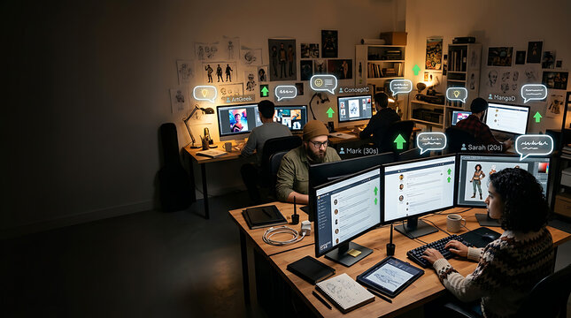 Creative team working in a digital studio with virtual overlays