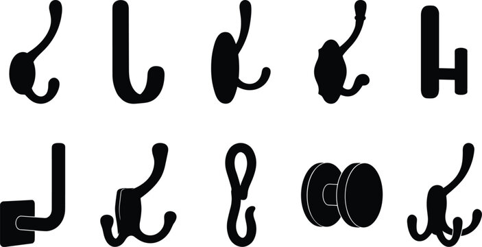 Collection of various coat hooks and door knobs in silhouette