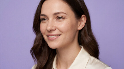 Fototapeta premium Young woman smiles gently while looking away from the camera against a solid light purple background.