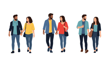 Obraz premium Three sets of diverse young men and women walking together as couples dressed in casual modern fashion against a plain white background.