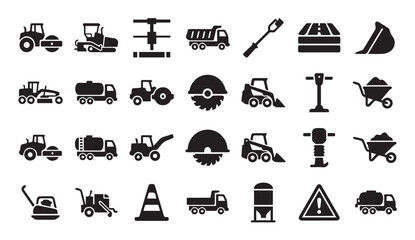 Construction vehicles and equipment icons with dump truck, tanker truck © MstMili