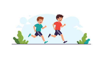 Fototapeta premium Two happy young boys running side by side through a simple outdoor park setting with green plants and soft blue clouds.