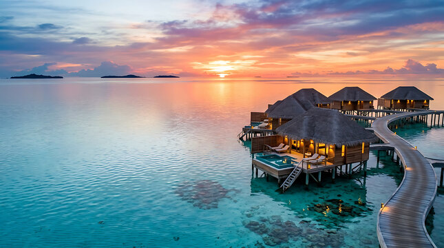 Overwater bungalows at a tropical luxury resort during sunset