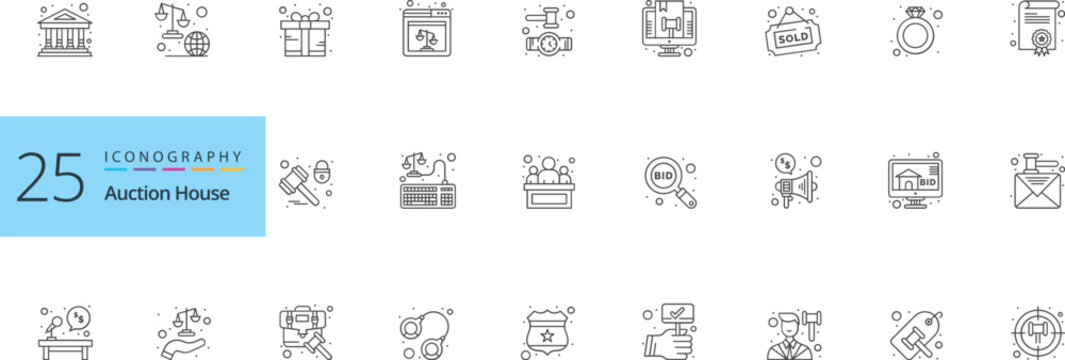 Auction house iconography set featuring legal symbols bidding tools online marketplace graphics court room elements financial icons and professional law enforcement related vector signs.