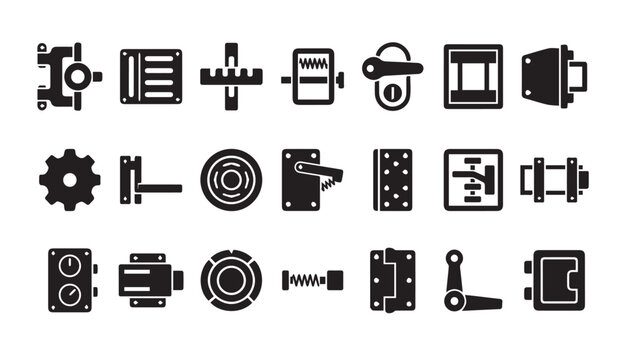 Black silhouette icons of mechanical hardware and locking components