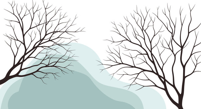 Two leafless trees with intricate branches standing against a soft misty blue background evoking a sense of calm winter solitude.
