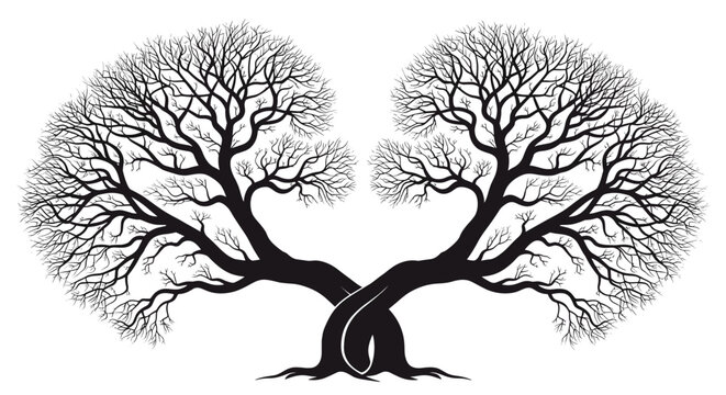 Artistic black silhouette of two trees with intertwined trunks and branches forming a single heart shaped canopy on a white background.
