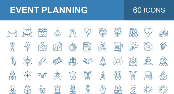 A versatile set of outline vector icons for event planning, festive celebrations, and party organization. Essential graphics for special occasions