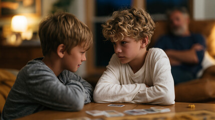 Fototapeta premium Two brothers ages seven and ten argue over a board game at a coffee table, cards scattered and one piece knocked to the carpet, their father watching from an armchair with arms
