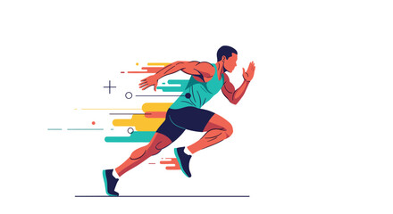 Obraz premium Male athlete in a green tank top and black shorts running fast with colorful abstract speed lines behind him on a white background.