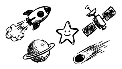 Hand drawn space doodle set with rocket satellite star planet and comet black ink sketch icons for creative design © Zyariss