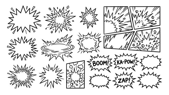 Comic book explosion and speech bubble vector set with hand drawn line art elements onomatopoeia and panels for graphic design