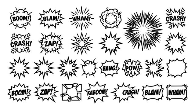 Comic book explosion speech bubbles and onomatopoeia sound effect icons black line art vector set with boom crash zap and bang text