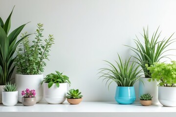 Fototapeta premium Various Potted Green Plants with a Pink Flowering One on a White Shelf