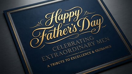 Obraz premium Happy fathers day gold lettering on a dark blue leather background, celebrating extraordinary men, a tribute to excellence and guidance card design