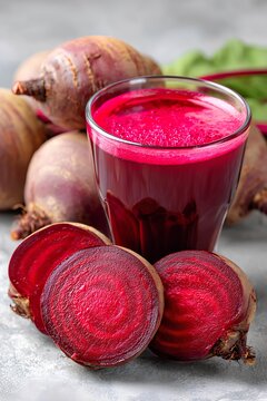 Glass of beet juice placed among raw and sliced beetroots, showcasing organic freshness, antioxidants, and clean eating lifestyle.