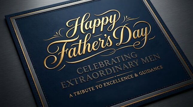 Happy fathers day gold lettering on a dark blue leather background, celebrating extraordinary men, a tribute to excellence and guidance card design