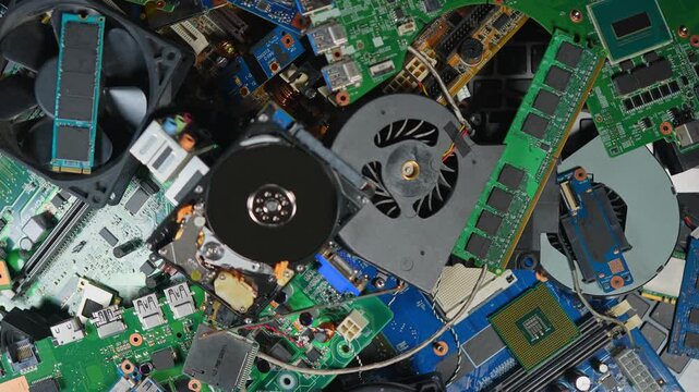 Exploding E-waste due AI boom and AI datacenters development worldwide. Obsolete or broken servers parts, chips, cooling and circuits with CPUs. Pile of hardware for possible recycle.