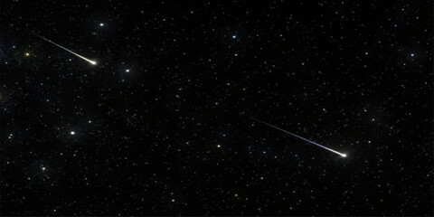 A vast constellation of bright white stars and a distant glowing nebula illuminate the dark blue expanse of the cosmic night sky © Kazim