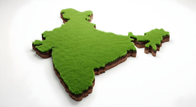 Green grass India map on soil foundation, 3D isometric Indian subcontinent land mass with lush turf, environmental sustainability and ecology concept