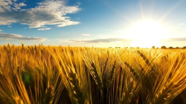 Golden wheat field under the sun with blue sky and white clouds during the summer harvest season.