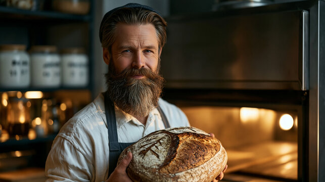 A bearded artisan baker at 4am removing a scored sourdough loaf from a deck oven, starter culture jars labeled with names and dates lining the shelf behind him in a dim