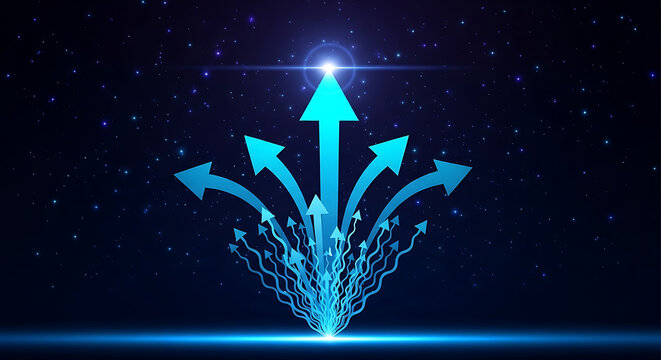 Digital growth concept with multiple glowing blue arrows pointing upward business direction strategy development marketing performance progress innovation improvement technology abstract
